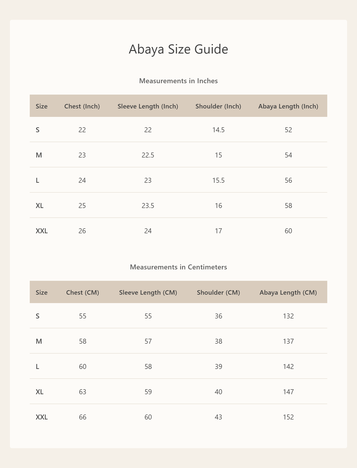 Product size chart