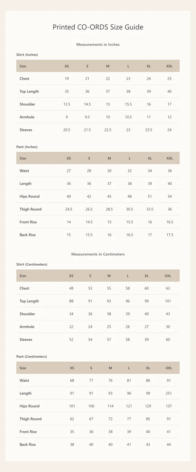 Product size chart