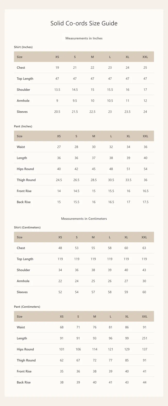 Product size chart