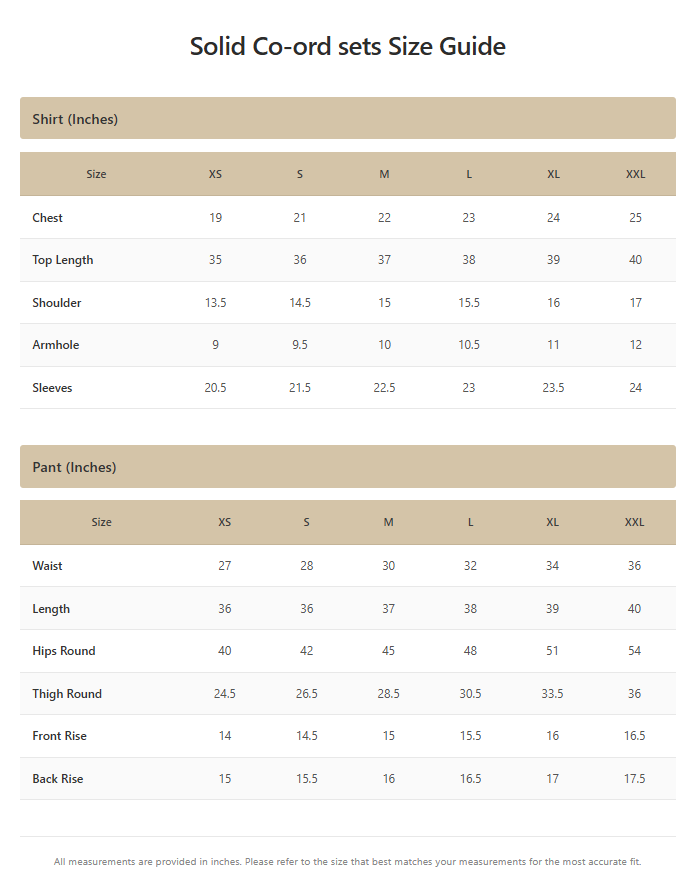 Product size chart
